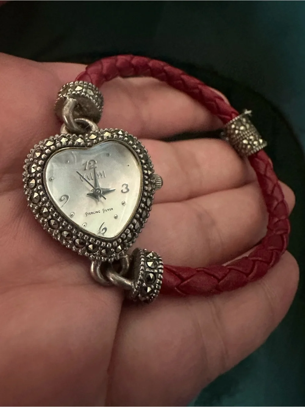 Ecclissi Heart-Shaped Red Braided Leather Bracelet Watch - Sterling Silver